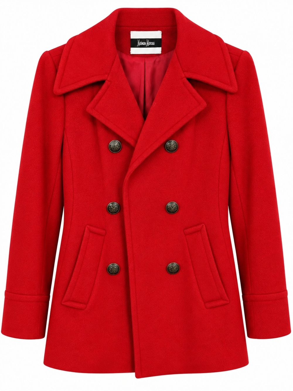 Neiman Marcus Bright Red Vinyage Double-Breasted Wool Pea Coat